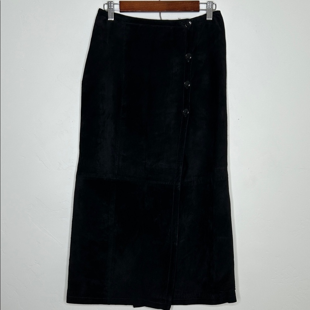 Forenza Asymmetrical Front Wrap‎ Black Suede Skirt Midi Size 8 Fall Winter